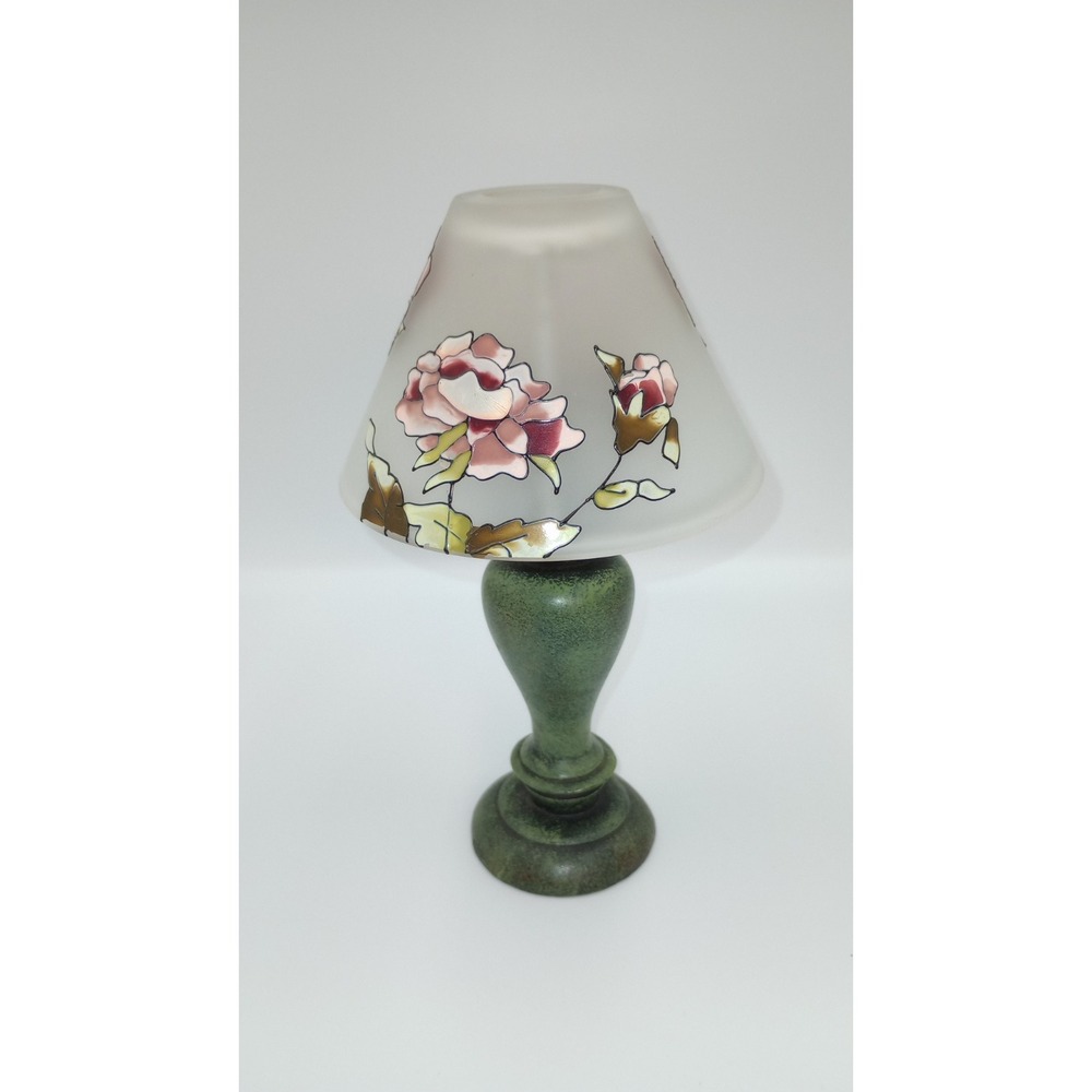 VINTAGE 1999 Glynda Turley Handpainted Floral Tea Light Lamp Glass Rose Shade